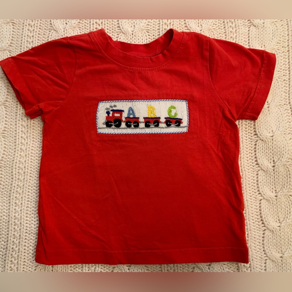 Smocked Monkey ABC Train smocked Red Shirt 12 month.